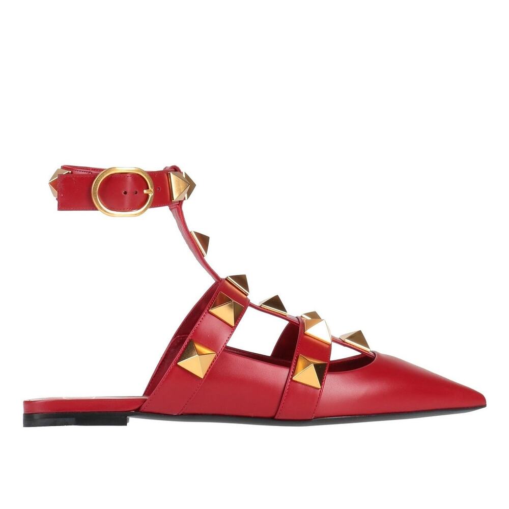 Valentino Garavani Red Roman Stud Flat Leather Ankle Strap Gold 35